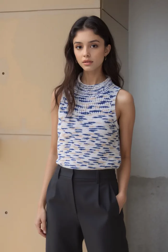 Mélange Round Neck Knit Sleeveless Top In White - Image 4