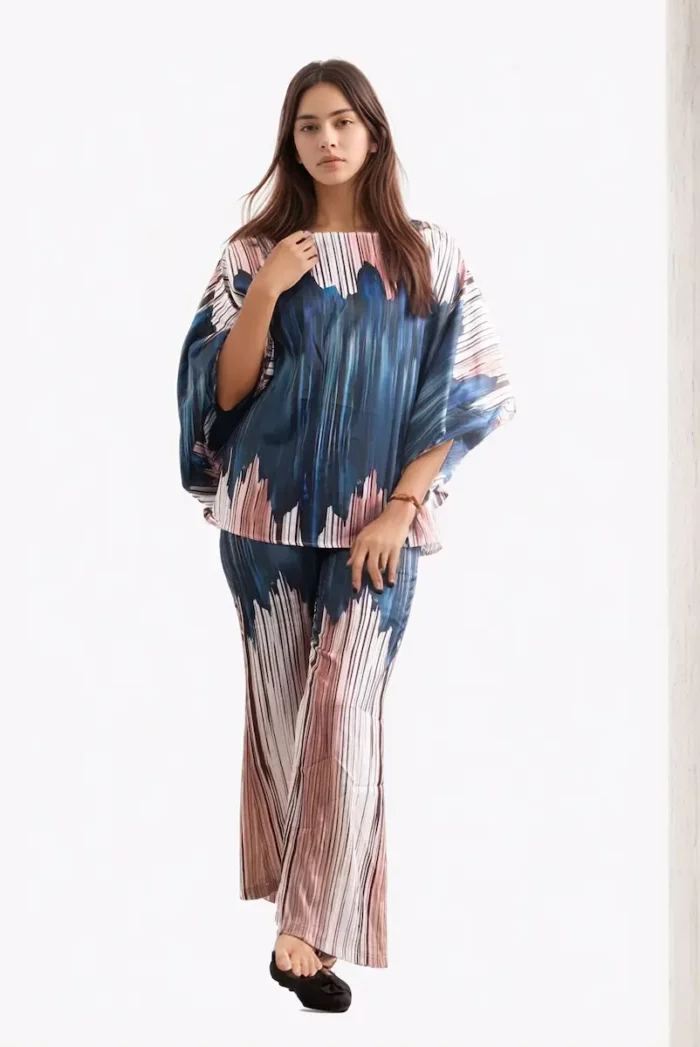 Kaftan Co ord Set with Abstract Stripe & Brushstroke Print - Image 1