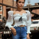 White Smocked Sheer Sleeve Crop Top