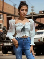 White Smocked Sheer Sleeve Crop Top