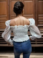 White Smocked Sheer Sleeve Crop Top - Image 3