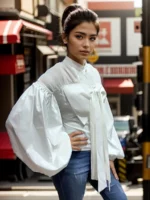 Elegant White Balloon Sleeve Tie-Up Blouse - Image 2