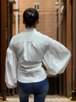 Elegant White Balloon Sleeve Tie-Up Blouse - Image 3