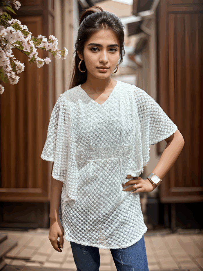White Textured Cape Sleeve Top - Image 2