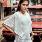 White Textured Cape Sleeve Long Top for girls