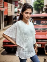 White Textured Cape Sleeve Long Top for girls