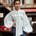 Elegant White Balloon Sleeve Tie-Up Blouse