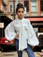 Elegant White Balloon Sleeve Tie-Up Blouse