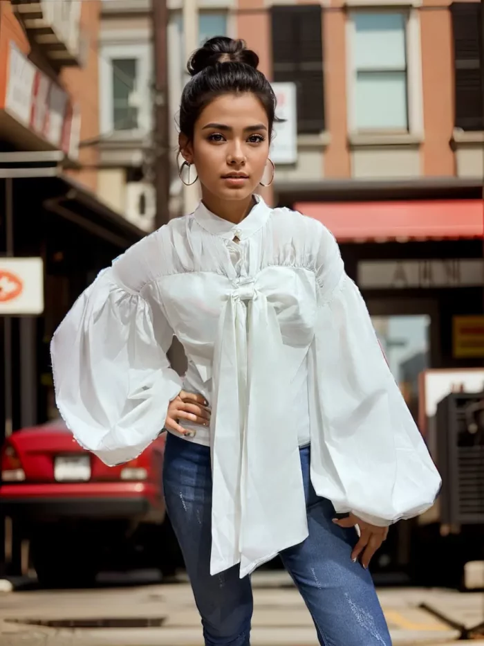 Elegant White Balloon Sleeve Tie-Up Blouse - Image 1
