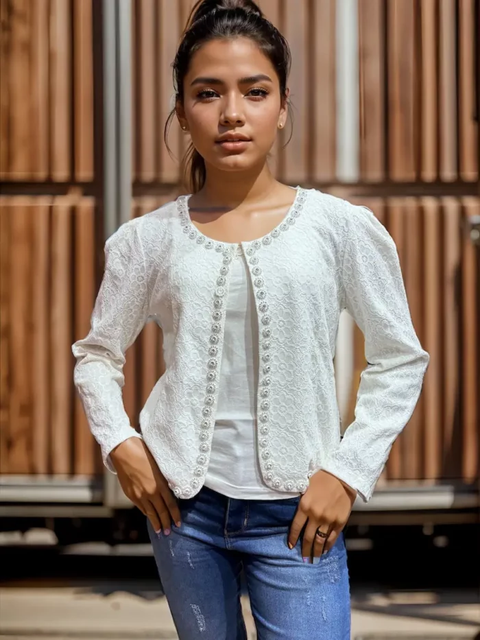 Pearl-Trimmed Lace Shrug - Image 1