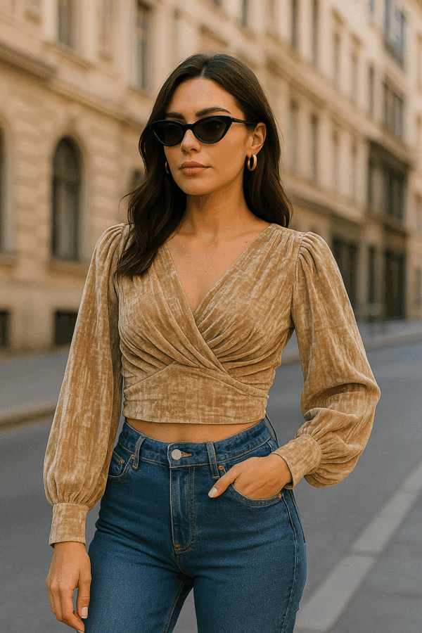 Velvet Wrap Front Puff Sleeve Crop Top
