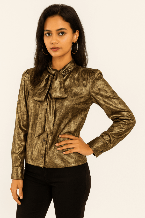 Metallic Gold Pussy Bow Shirt