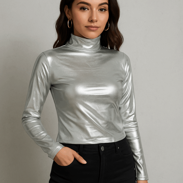 Galactic Shine Silver High-Neck Metallic Top
