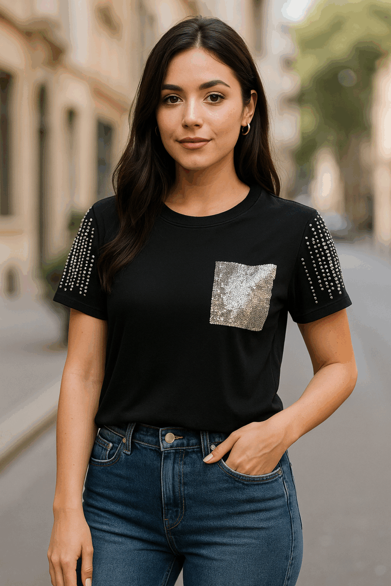 Glam Spark Studded Tee – Black - Image 1