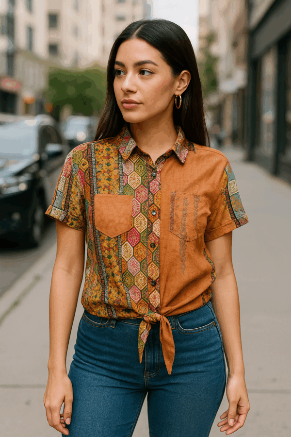 Boho Patchwork Front Tie Shirt