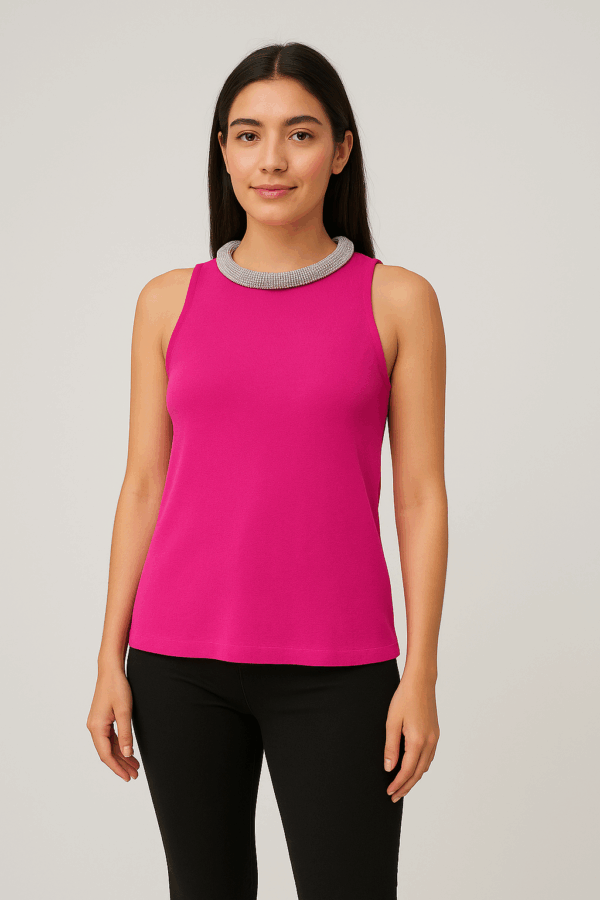 Fuchsia Sleeveless Top with Embellished Collar