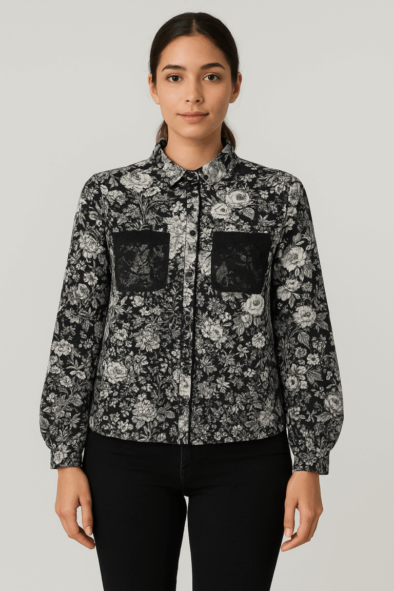 Black & White Floral Print Shirt with Lace Pockets - Image 1