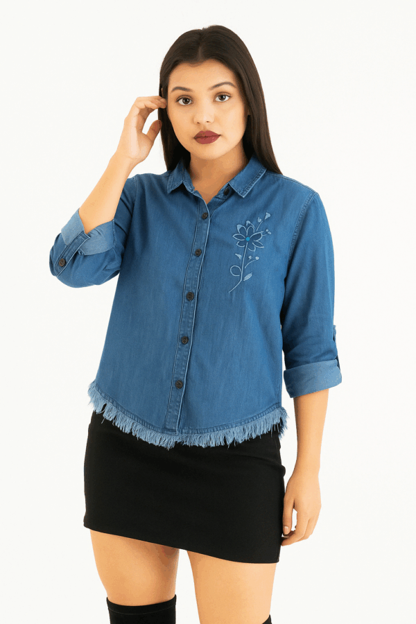 Embroidered Fringe-Hem Denim Shirt