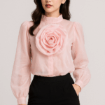 Blush Pink Organza Rose Appliqué Blouse