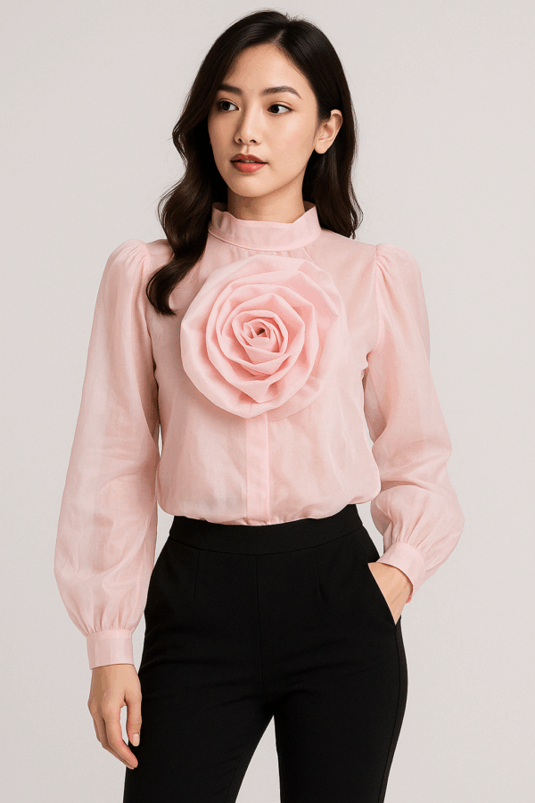 Blush Pink Organza Rose Appliqué Blouse