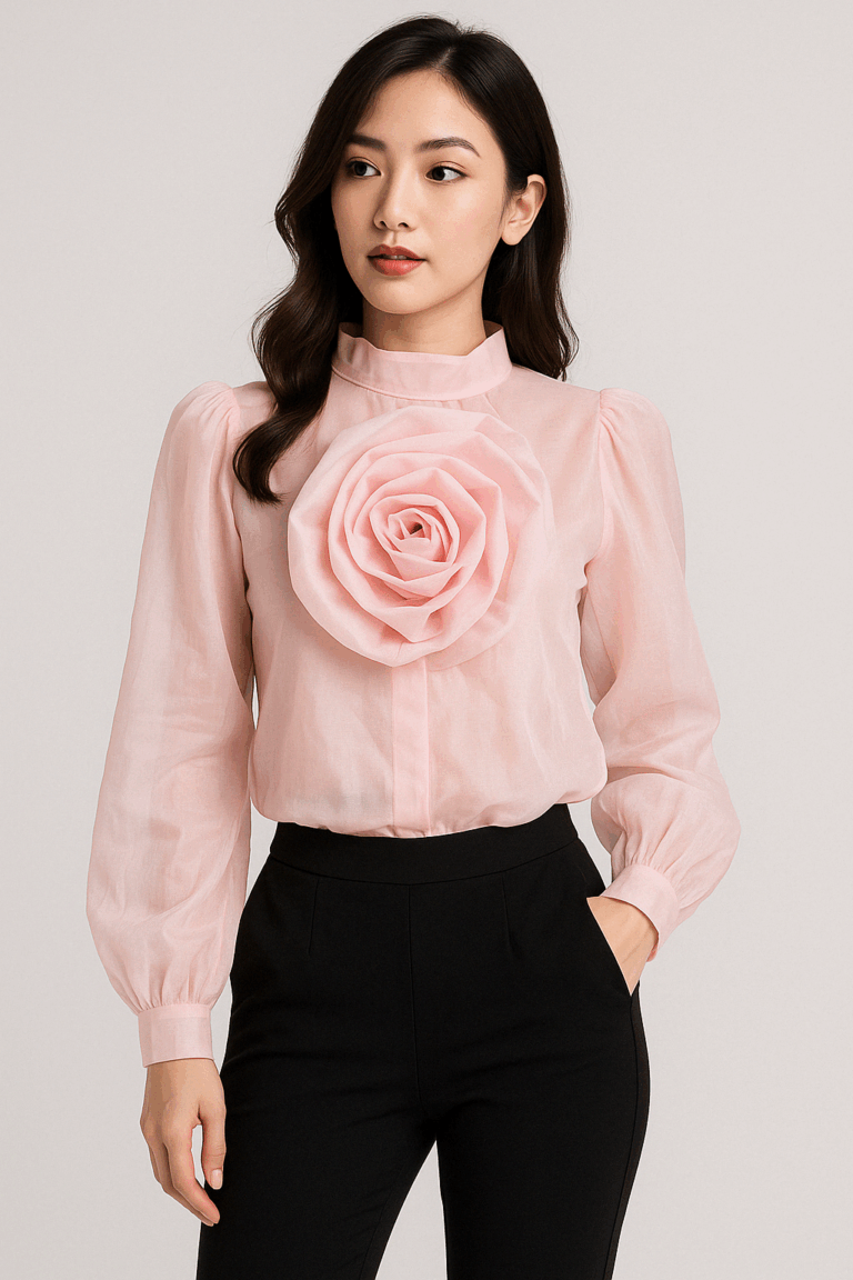 Blush Pink Organza Rose Appliqué Blouse - Image 1