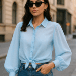 Light Blue Swiss Dot Tie-Front Bishop Sleeve Top