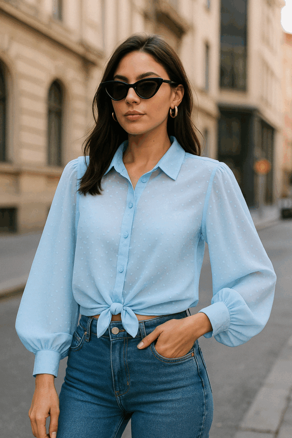 Light Blue Swiss Dot Tie-Front Bishop Sleeve Top