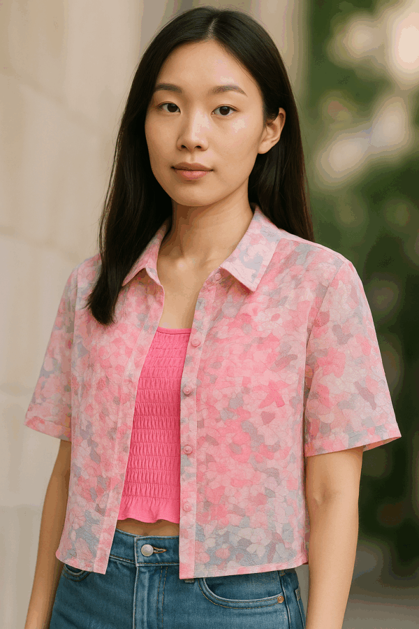 Sheer Pink Abstract Print Shirt with Inner Smocked Tube Top
