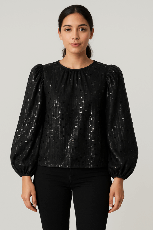 Black Sequin Balloon Sleeve Party Top