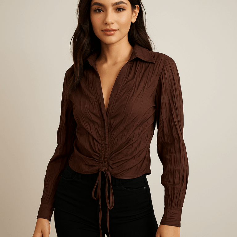Brown Crinkle Textured Ruched Drawstring Collared top - Image 1