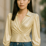 Golden Satin Wrap Top with Balloon Sleeves