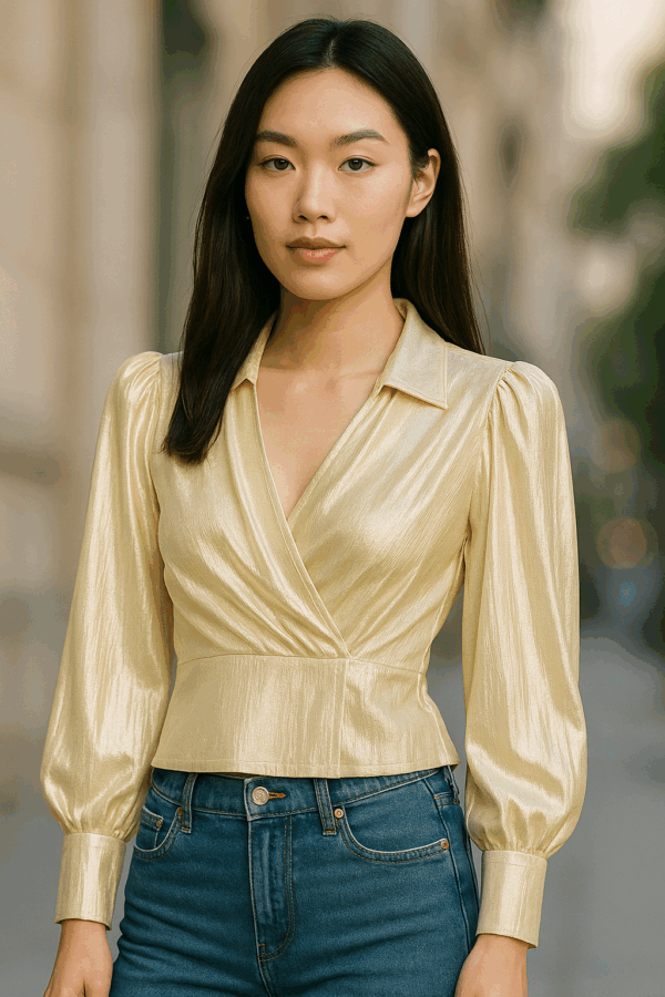 Golden Satin Wrap Blouse with Balloon Sleeves