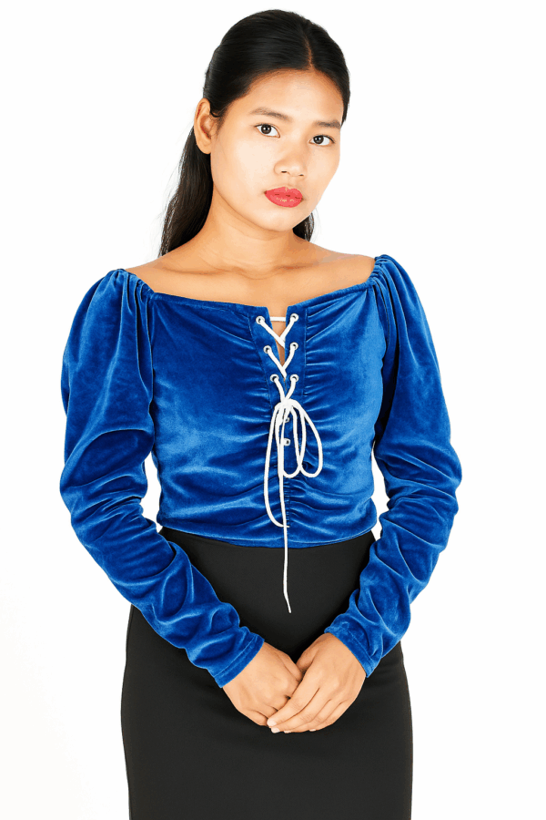 Royal Blue Velvet Lace-Up Peasant Top
