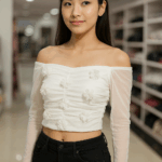 White Off-Shoulder Mesh Sleeve Floral Crop Top