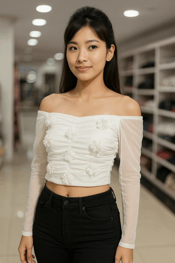 White Off-Shoulder Mesh Sleeve Floral Crop Top