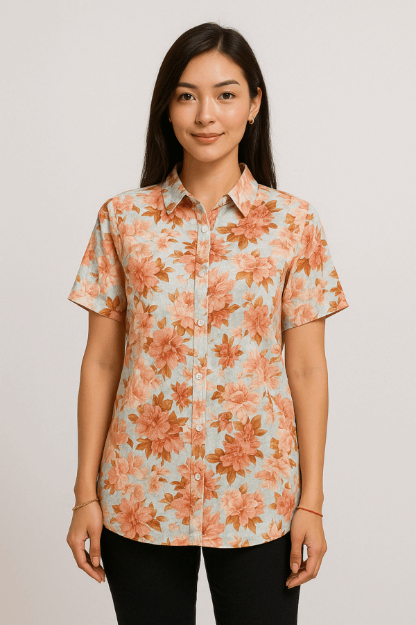 Peach Floral Print Cotton Shirt