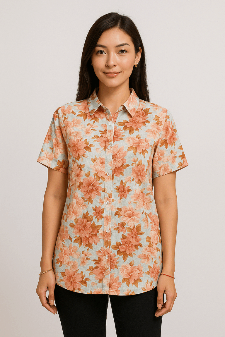 Peach Floral Print Cotton Shirt - Image 1