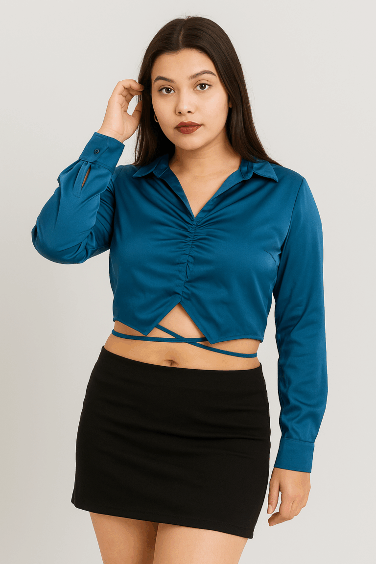 Satin Teal Ruched Wrap Crop top - Image 1
