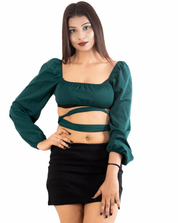 Emerald Green Puff Sleeve Wrap Crop Top