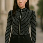 Black Embellished Zip-Up Party Top