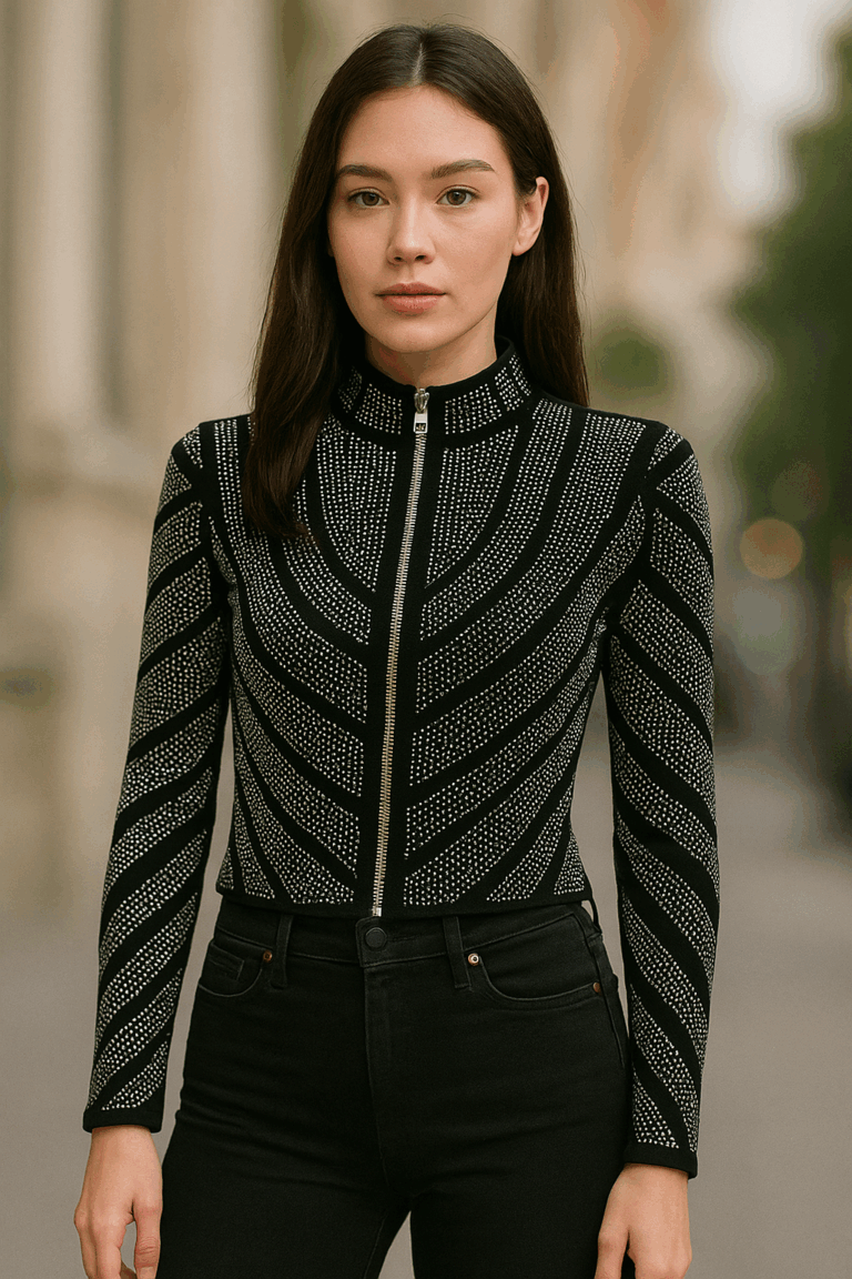 Black Embellished Zip-Up Party Top - Image 1
