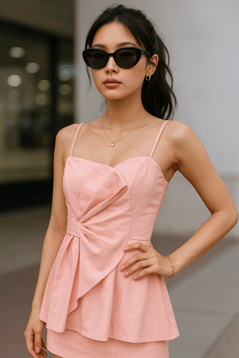 Blush Pink Peplum Bow-Front Bustier Top - Image 1