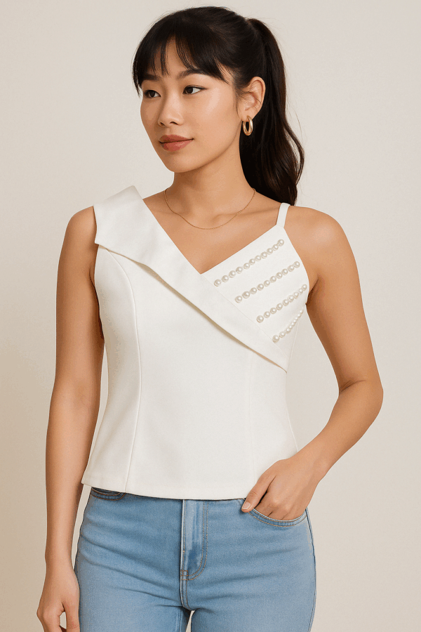 Asymmetrical Pearl Embellished White Top