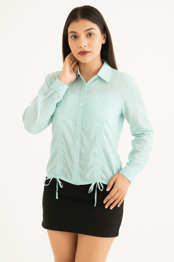 Mint Mist Drawstring Detail Button-Down Shirt