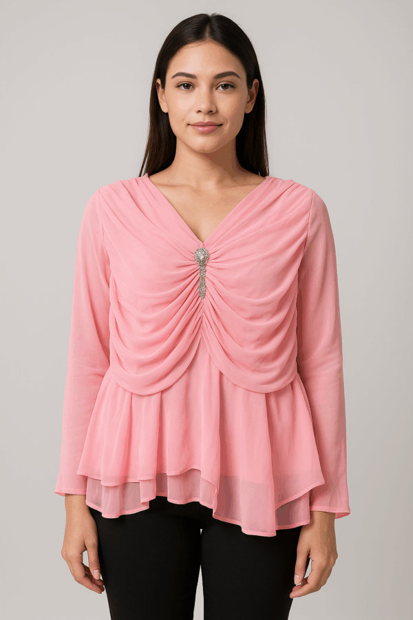 Light Pink Draped Chiffon Top with Crystal Embellishment and Layered Hem
