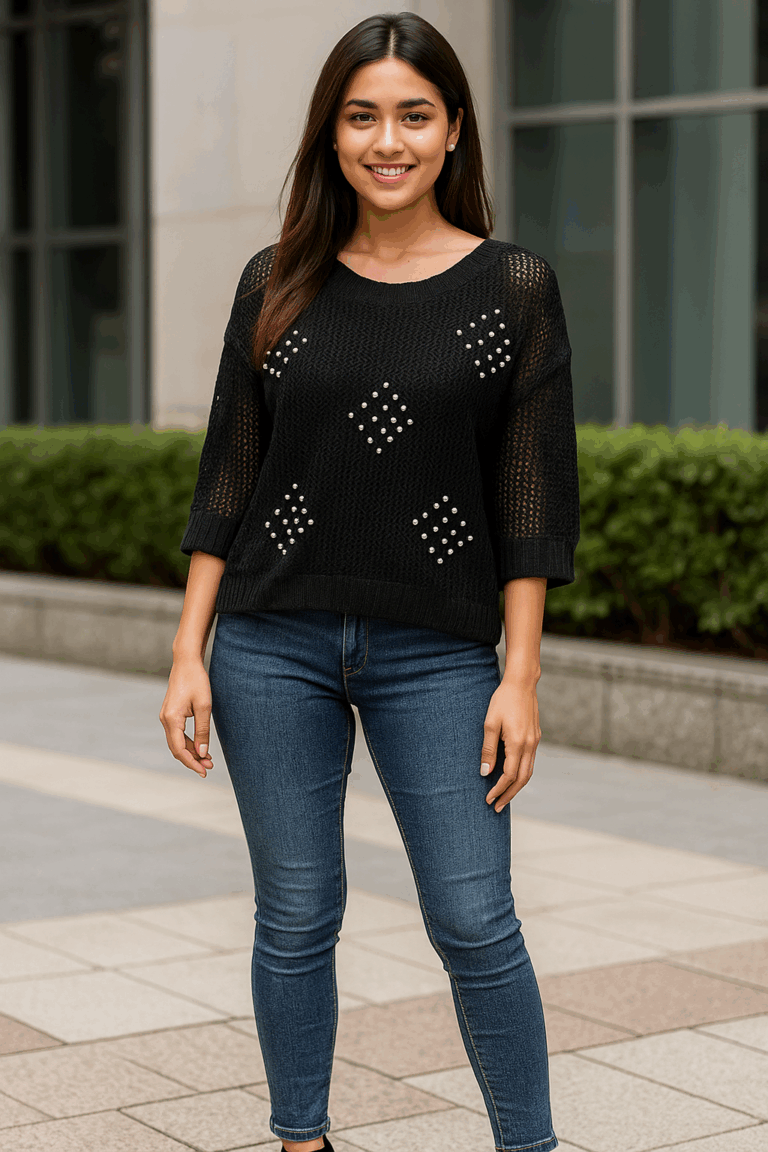 Black Diamond Studded Net Top - Image 1