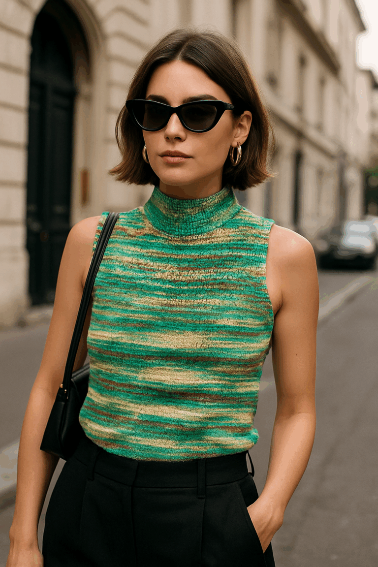green Striped Knit Sleeveless Top - Image 1