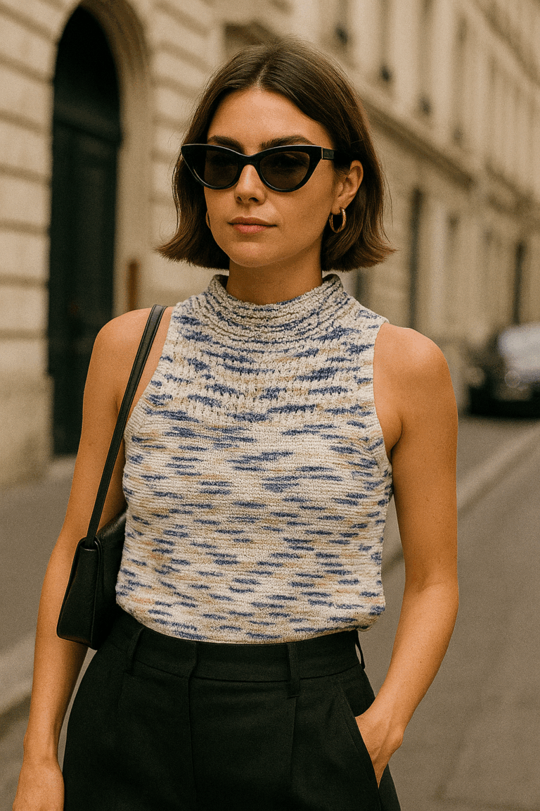Mélange Knit Mock Neck Sleeveless Top - Image 1