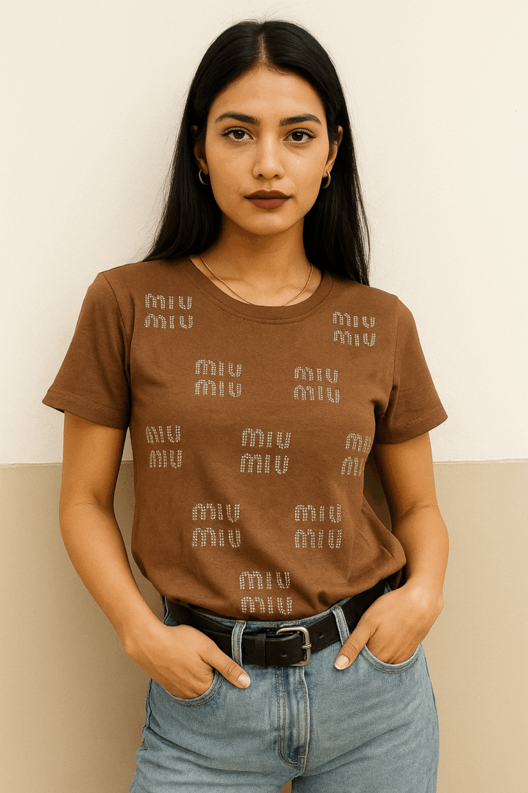 Miu Miu Embellished Logo brown T-shirt. - Image 1