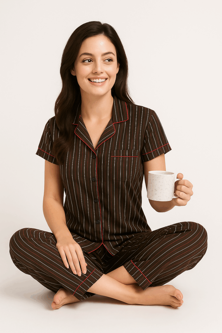 Chocolate Brown Striped Nightsuit - Image 1
